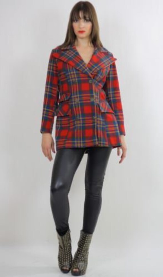 Vintage 70s mod boho red tartan plaid wool jacket… - image 3