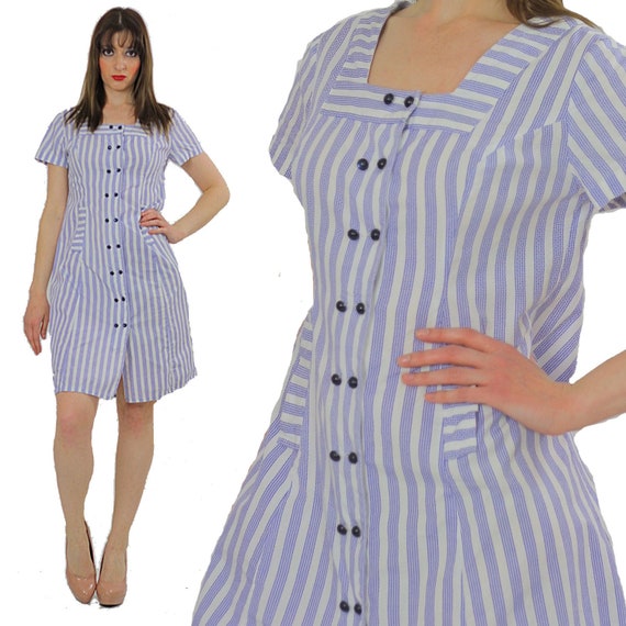 Vintage 60s striped nautical sailor dress button … - image 1