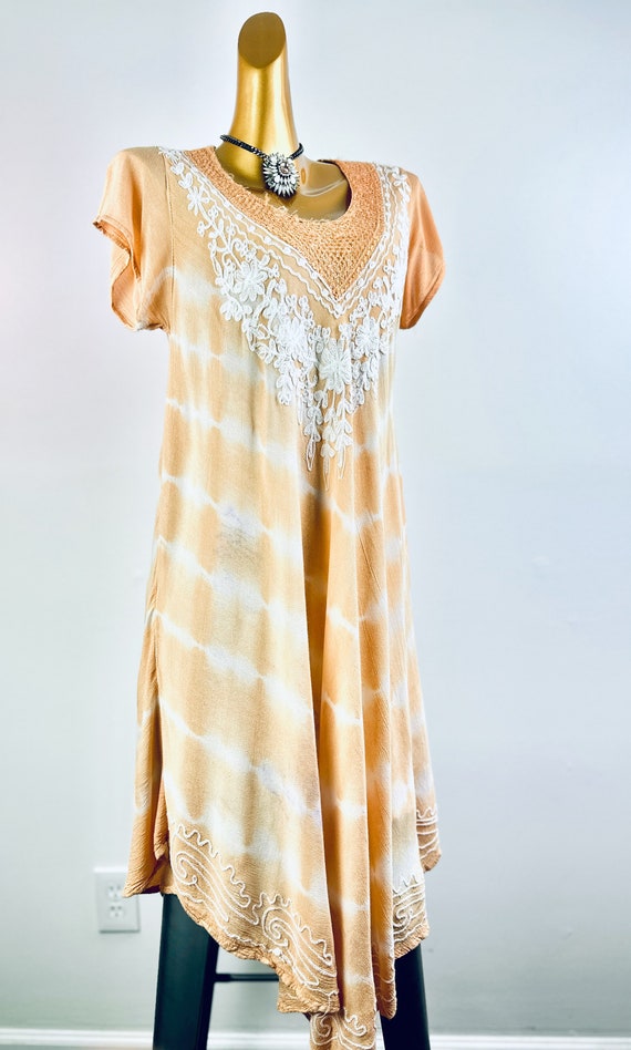 70s boho dress embroidered kaftan tie dye print b… - image 3