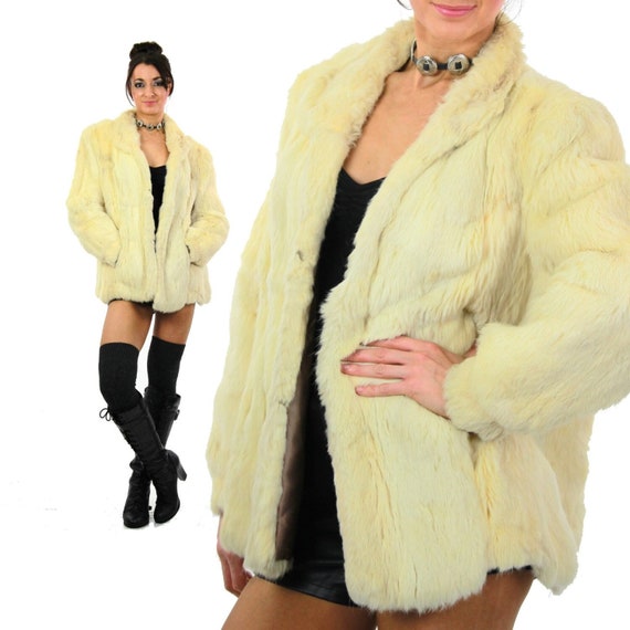 Vintage 80s Boho Hippie Glam rock white fur jacke… - image 1