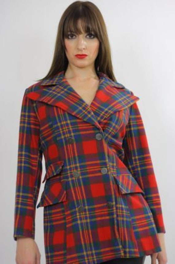 Vintage 70s mod boho red tartan plaid wool jacket… - image 7