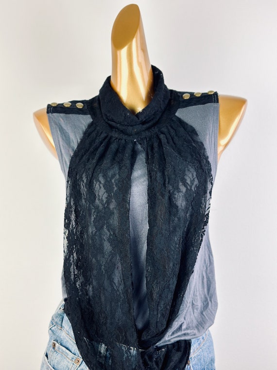 90s sheer lace top sleeveless blouse draped black… - image 5