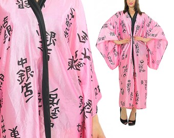 Japanse kimono-badjas roze zwarte maxi boho hippiekimono satijn abstracte Aziatische etnische boho omslagdoek Large