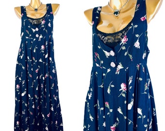 90s cottagecore dress blue midi floral prairie coverall high waist babydoll sundress