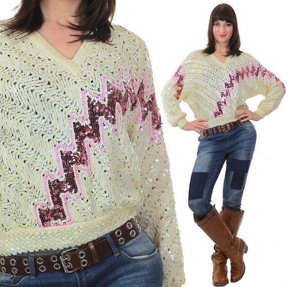 80s Sweater Vintage Sequin Pink white Glitter Gla… - image 1