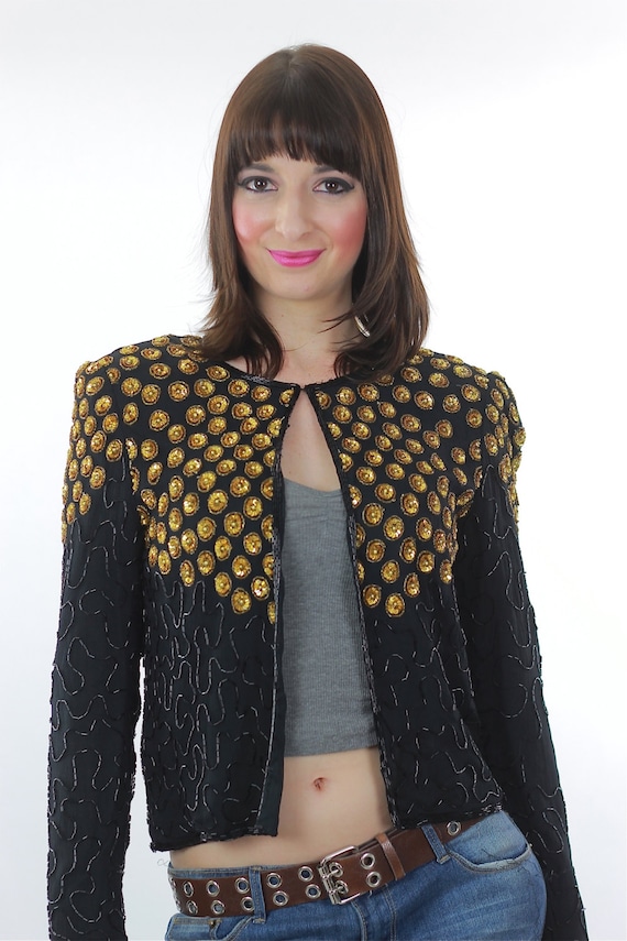 Black Sequin Jacket Vintage 80s gold Metallic Evenin… Gem