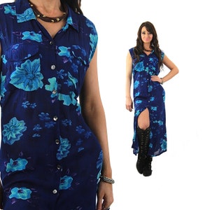 Blue floral Dress sleeveless Button down Vintage 1990s grunge sundress Deep V plunging tropical print Boho Hippie Extra Large