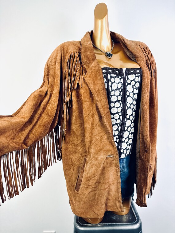 Vintage fringe leather jacket mens women brown su… - image 4