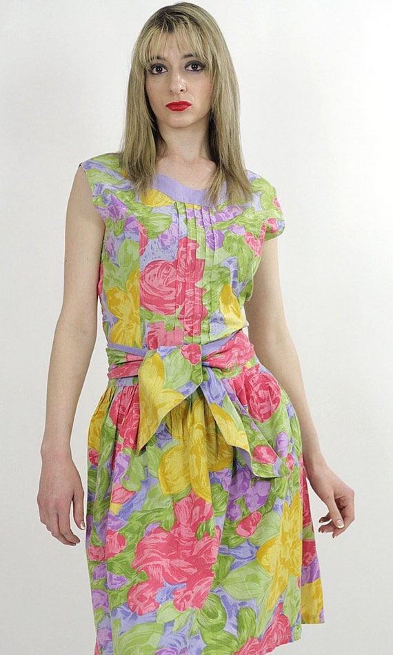 Vintage 80s neon floral cocktail party dress trop… - image 3