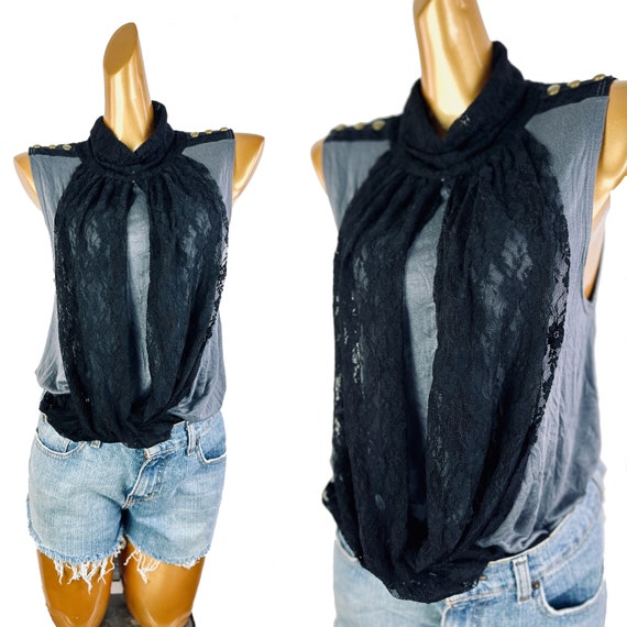 90s sheer lace top sleeveless blouse draped black… - image 1