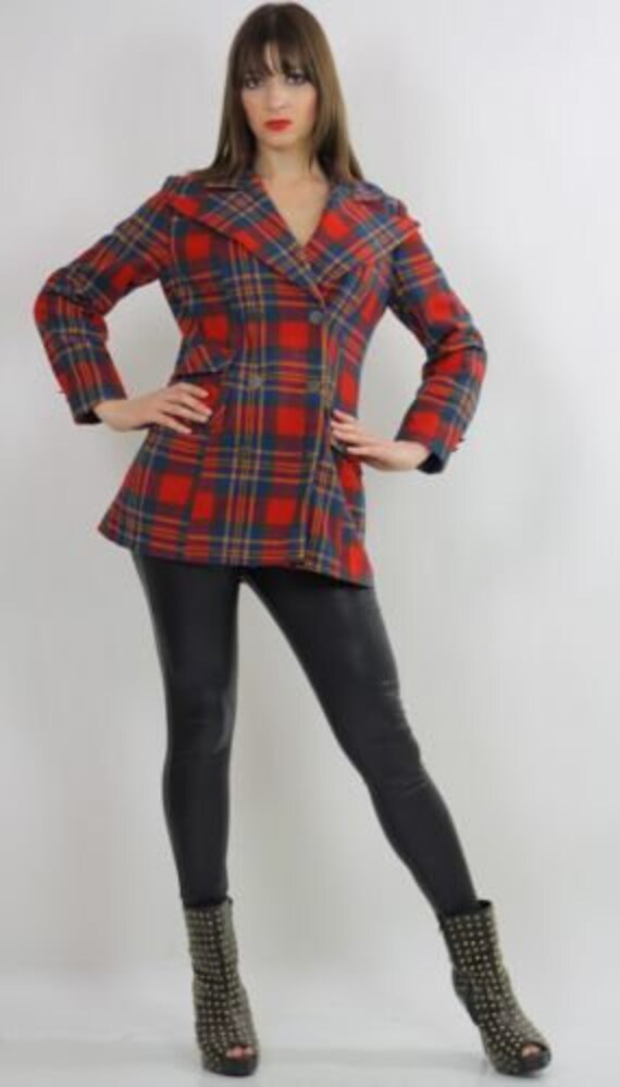 Vintage 70s mod boho red tartan plaid wool jacket… - image 4