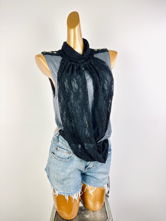 90s sheer lace top sleeveless blouse draped black… - image 4