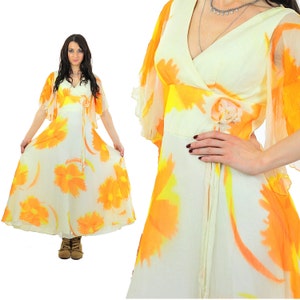 Boho dress sheer floral dress empire waist  flutter sleeves Vintage 70s yellow abstract sundress festival maxi dress M Medium