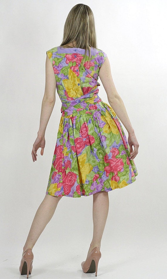 Vintage 80s neon floral cocktail party dress trop… - image 5