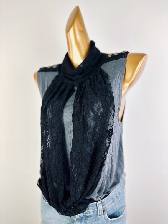 90s sheer lace top sleeveless blouse draped black… - image 3