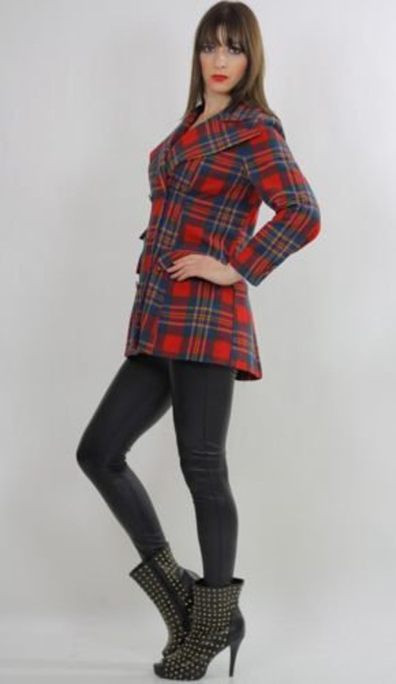 Vintage 70s mod boho red tartan plaid wool jacket… - image 5