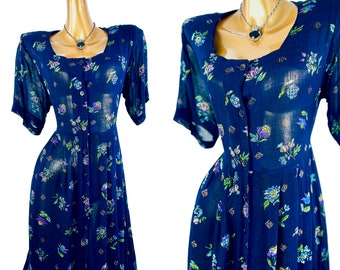 90s grunge dress cottagecore dark floral print babydoll dress high waist short sleeve blue scoop neck sundress M Medium