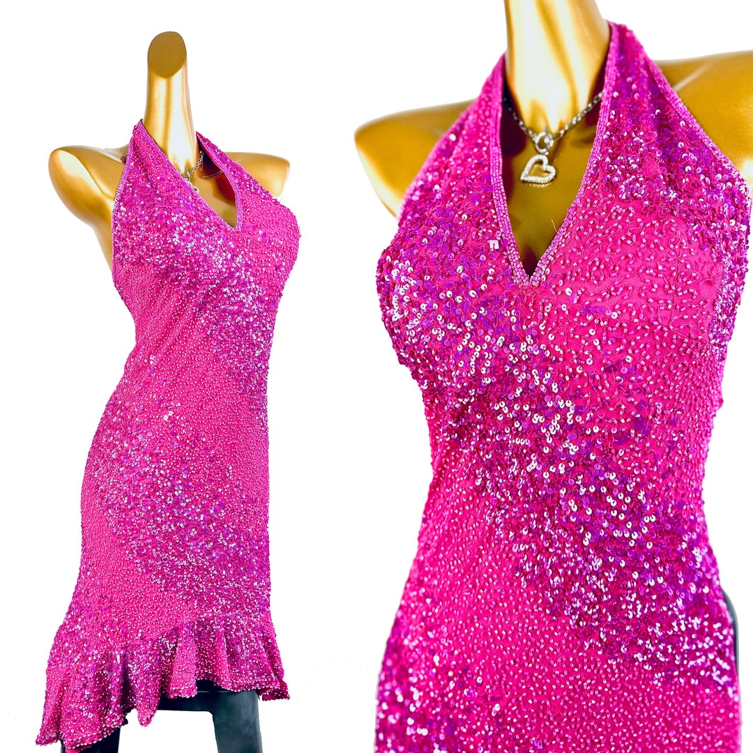 90s Prom Dress Halter Open Back Pink Sequin Fabric Formal Party Small 90s-prom-dress-halter-open-back-pink-sequin-fabric-formal-party-small