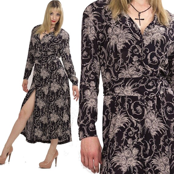 90s grunge dress dark floral print goth boho long sleeve maxi length size 6 90s grunge dress dark floral print goth boho long sleeve maxi length size 6