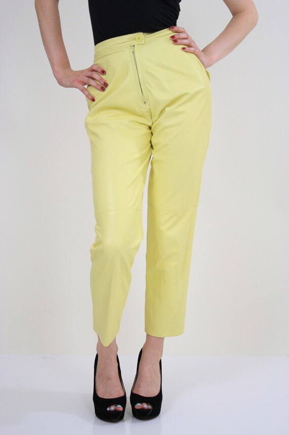 Vintage boho hippie biker 70s yellow leather pant… - image 2