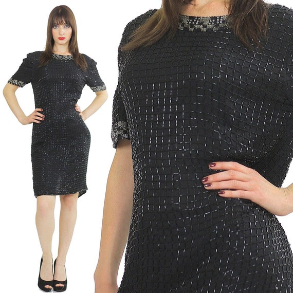 Black Sequin beaded mini dress Deco party - image 1