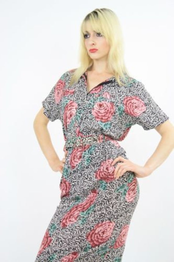 80s floral rose collar dress vintage secretary gl… - image 7