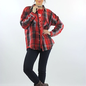 Vintage Red Plaid Shirt | 1990s Grunge Shirt Women | Button up Flannel Shirt | Long Sleeve | Checkered-Collared-Western Shirt