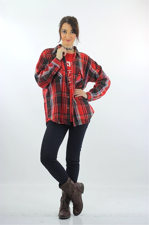 Checkered Shirt Vintage 90s Plaid Top Grey Black Viscose