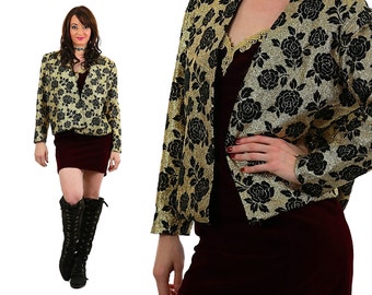 Jaqueta floral metálica com glitter dourado blazer oversized desleixado Vintage anos 80 médio