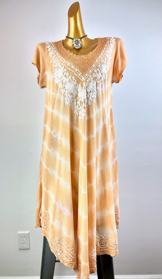 70s boho dress embroidered kaftan tie dye print b… - image 2