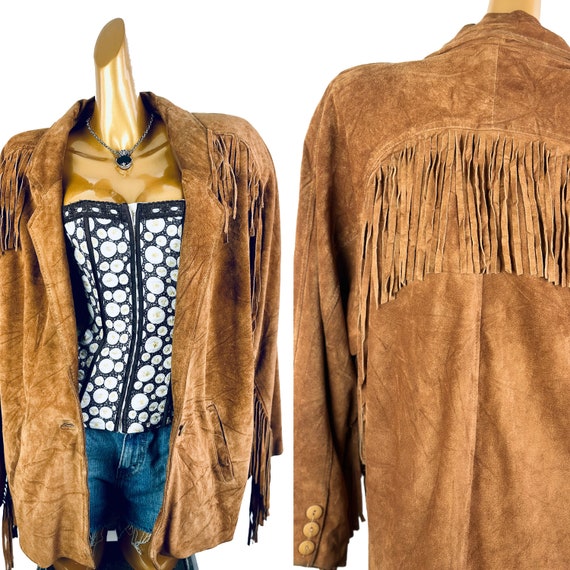 Vintage fringe leather jacket mens women brown su… - image 1