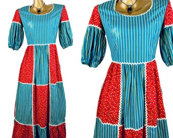 70s prairie dress festival peasant puff sleeve hippie bohemian maxi dress size 12