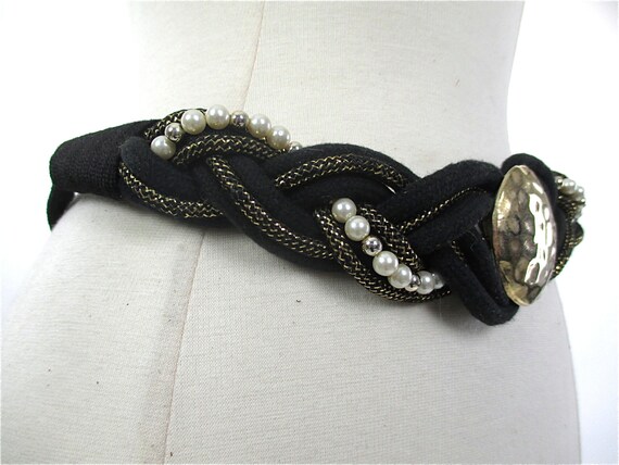 80s Black gold woven braided waist metallic belt - image 2