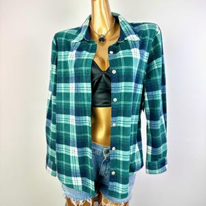 Vintage Herren Flanellhemd Blau Schottenkaro Button Up Flanell 90er Jahre Grunge Size Medium
