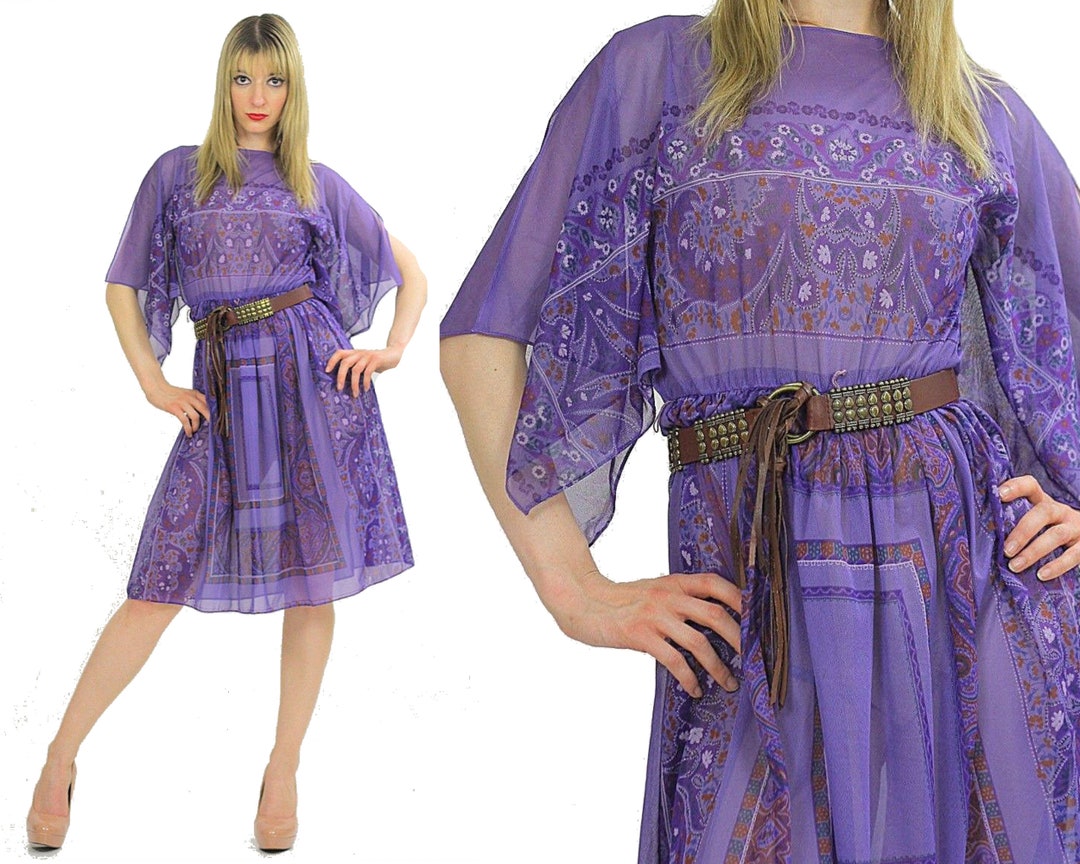 Vintage 70s Boho Hippie Sheer Purple Angel Sleeve Dress - Etsy