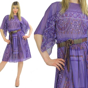Vintage 70er Jahre Boho Hippie Kleid in lila mit Engelsärmeln