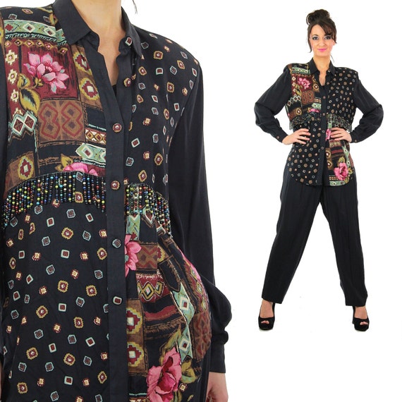 Vintage 80s floral jumpsuit harem pants beaded fri