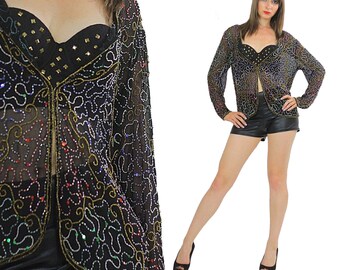 Vintage 80s sequin beaded top Black Gold metallic cocktail party Gatsby Sheer long sleeve sweetheart neckline M