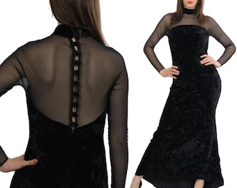 Vestido gótico preto transparente, vestido de festa gótico vintage dos anos 90, rede de renda grunge, coquetel, costas abertas, vestido M Médio