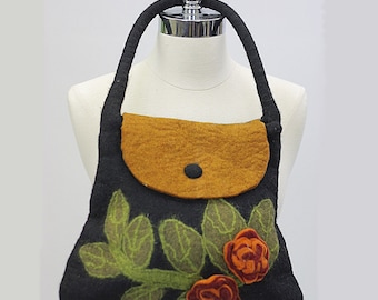 Hippie purse Vintage Boho handbag Art bag Floral crafted handbag Wool hippie handbag Black floral bag