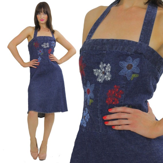 Denim Halter Dress 90s Grunge Embroidered Dress Bohemian Boho Festival Sundress Baby Doll Blue Jean Dress M Medium