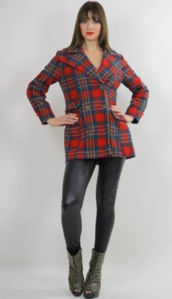 Vintage 70s mod boho red tartan plaid wool jacket… - image 2