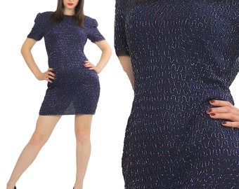 Sequin beaded dress Navy blue Vintage 80s little black cocktail party Mod retro short sleeve wiggle Small