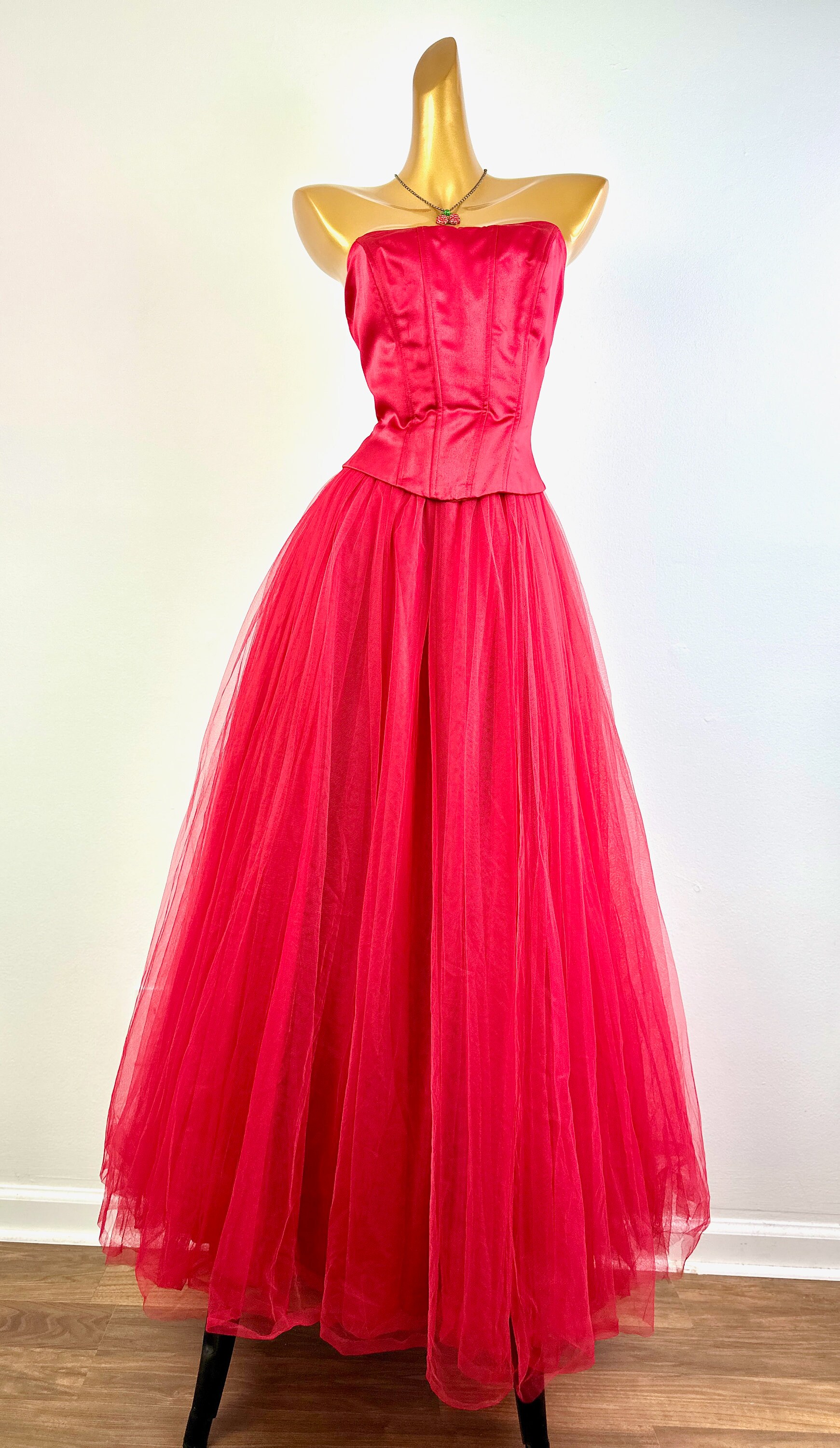 90s prom dress corset ballgown vintage fairy red tulle fantasy size 3/4