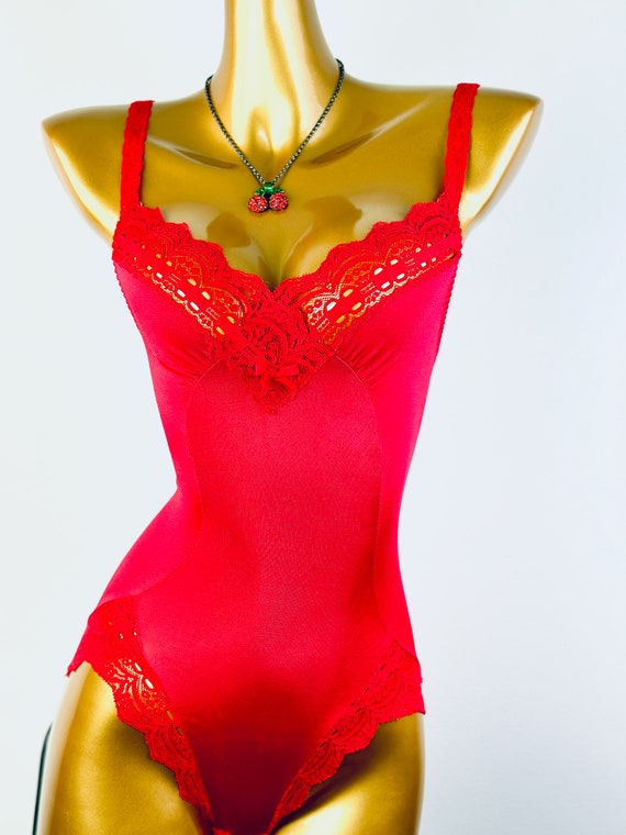 Vintage olga lingerie Teddy Bodysuit Red Size Sma… - image 6