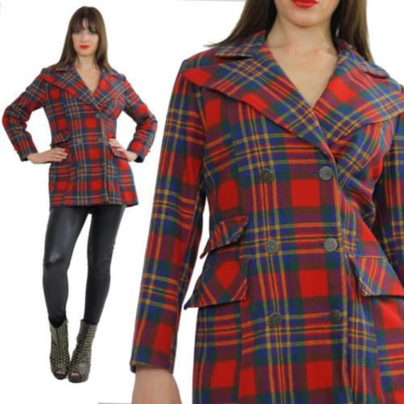 Vintage 70s mod boho red tartan plaid wool jacket… - image 1