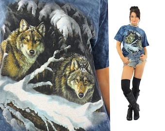 Camisa lobo animal camiseta 90s camiseta gráfica gótica Vintage 1990s grunge hipster azul manga corta Oversize Medium