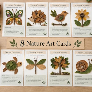 May include: Eight rectangular Nature Creations art cards featuring instructions and collages made from leaves, flowers, and twigs. The cards display a butterfly, hedgehog, bird, sunflower, turtle, dragonfly, tree, and snail. A central banner reads 8 Nature Art Cards.