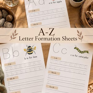 May include: Educational letter formation sheets featuring the letters A, B, and C with corresponding illustrations of an apple, a bee, and a caterpillar. Each sheet includes dotted lines for tracing, labeled sections for I do, We do, and You do practice.