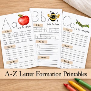 May include: Three white educational worksheets for letter formation featuring dotted letters A, B, and C. Each sheet includes a watercolor illustration of an apple, a bee, or a caterpillar, with text labels and practice lines for writing.